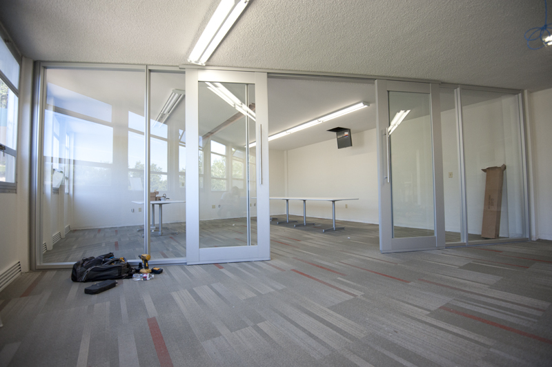A glassed-in study room replaces the old periodicals corner in the library, offering students a great place to work in groups.